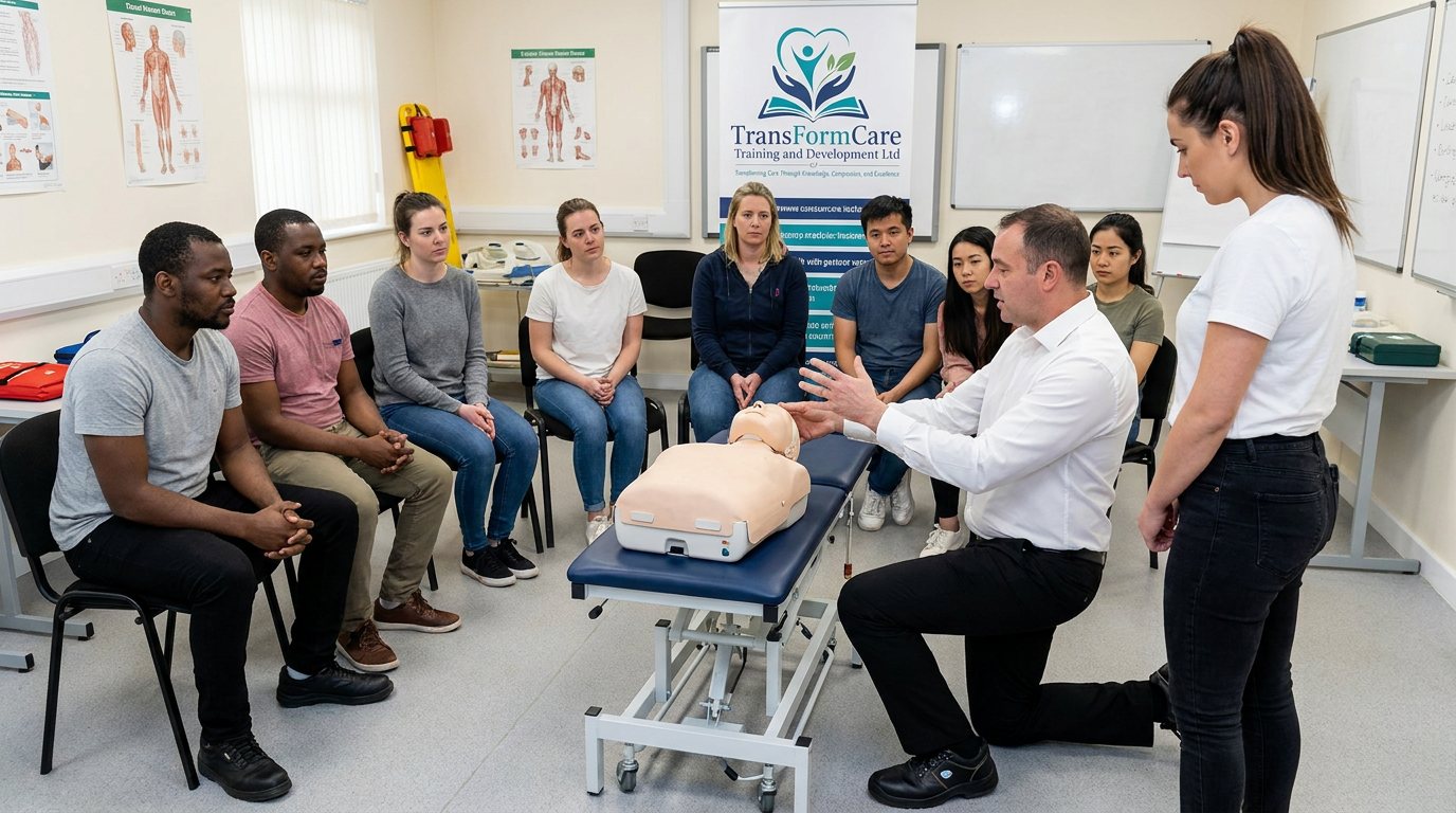 A TransformCare trainer kneeling beside a resuscitation manikin, demonstrating basic life support to a seated group of care staff
