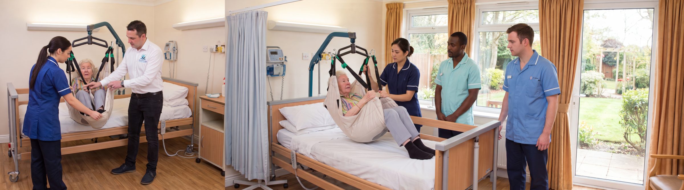 Care staff practising a hoist transfer with a trainer during a moving and handling session