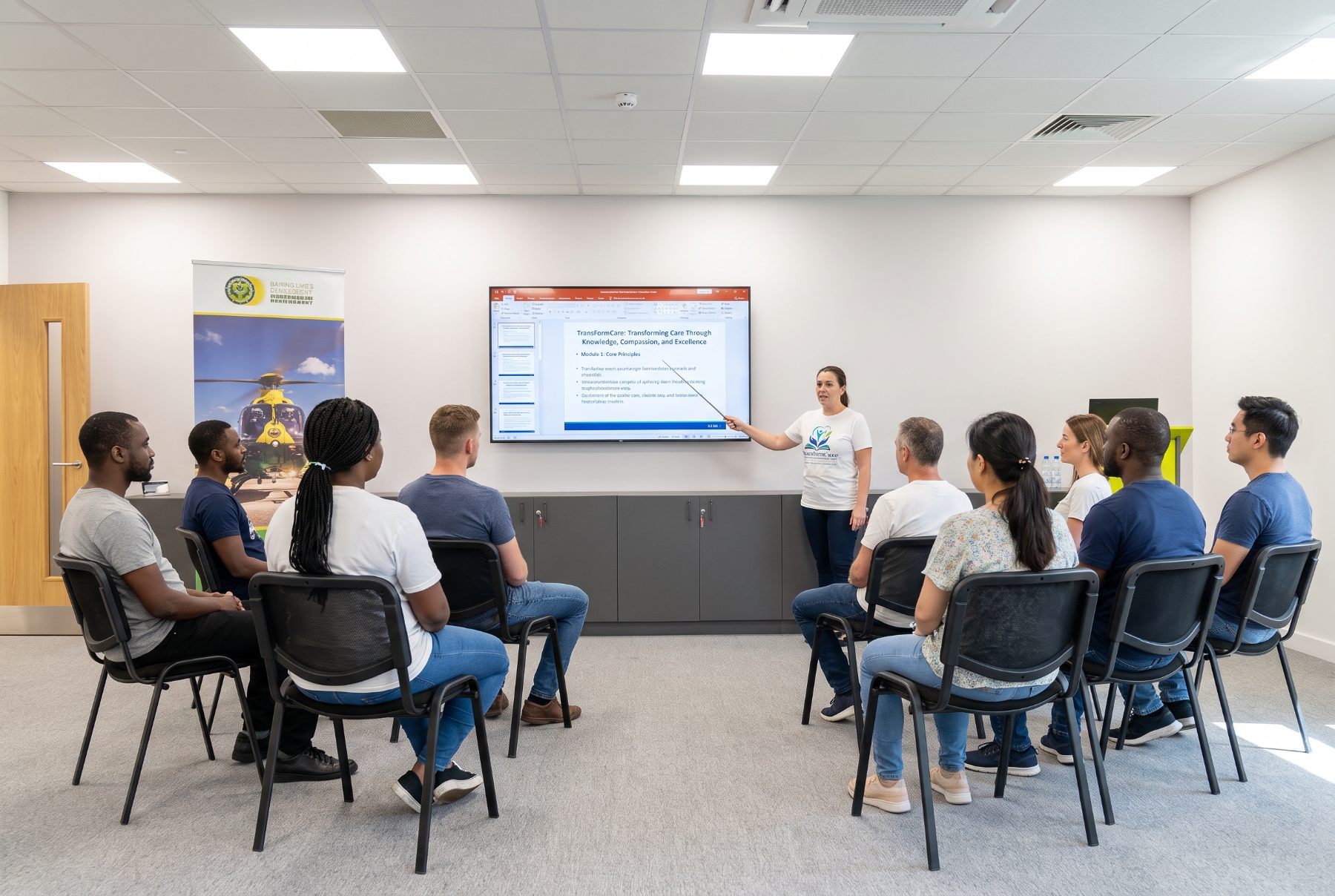 A TransformCare trainer presenting a Core Principles module to a seated group of care staff